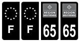 HADEXIA Lot 4 Autocollants Plaque d'immatriculation Département 65 Hautes-Pyrénées Ancienne Région Midi-Pyrénées Noir & F France Europe
