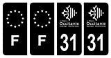 HADEXIA Lot 4 Autocollants Plaque immatriculation département 31 Haute-Garonne Région Occitanie Noir & F France Europe
