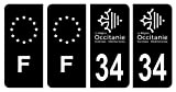 HADEXIA Lot 4 Autocollants Plaque immatriculation département 34 Hérault Région Occitanie Noir & F France Europe