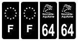 HADEXIA Lot 4 Autocollants Plaque immatriculation département 64 Pyrénées-Atlantiques Région Nouvelle Aquitaine Noir & F France Europe