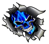 sticker licker Classique Carbone Rip Métal Déchiré Design avec Bleu Électrique Flammes Gothique Skull Motif Vinyle Autocollant Voiture 105x130mm